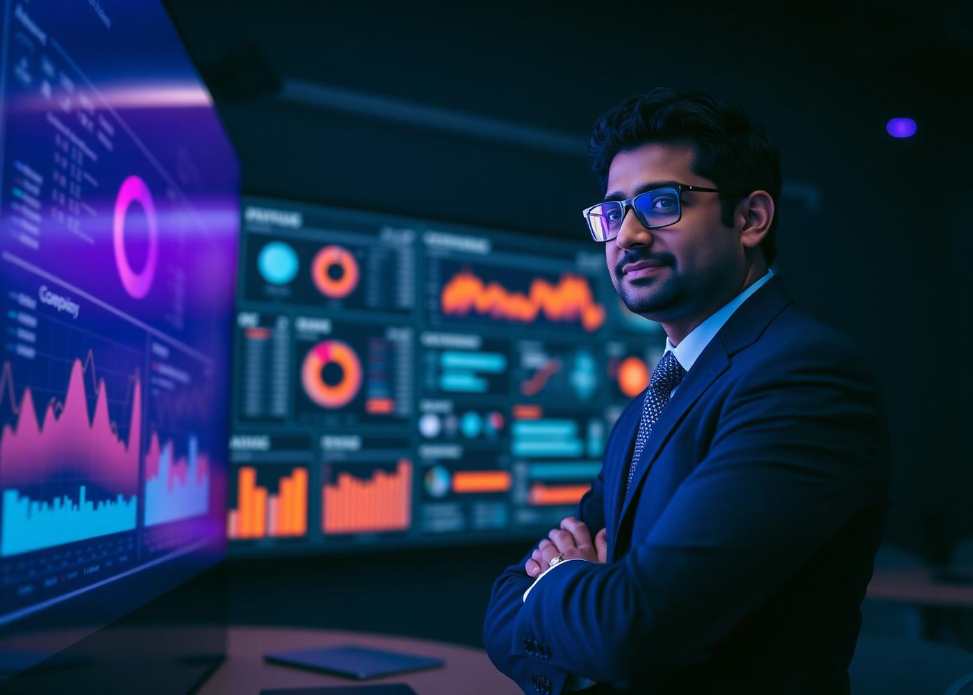 Working professional analysing business data dashboards during an ABBS analytics class